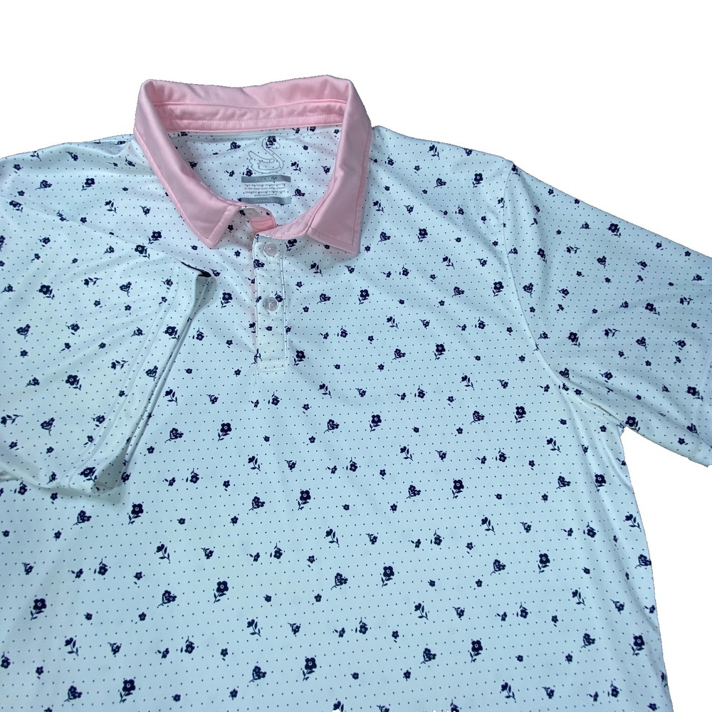 Swannies Polo Shirt Mens 2XL White Pink Floral Golf Performance Stretch Pullover